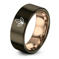 engraved promise rings set – gunmetal & rose gold tungsten tea leaf ring