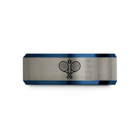 his and hers rings – black & blue & silver tungsten padel racquets wedding band