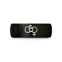 custom couples wedding bands – black & gold tungsten gender symbols wedding band