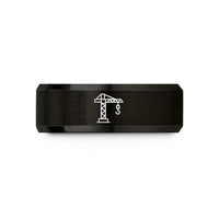 engraved wedding rings set – black tungsten tower crane wedding band