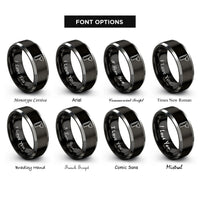font options for inside engraving on black & gray measuring ruler heart rings