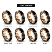 font options for inside engraving on black & rose gold measuring ruler heart rings