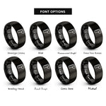 font options for inside engraving on black measuring ruler heart rings