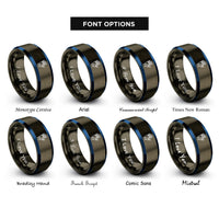 font options for inside engraving on gunmetal & blue mechanical hand silhouette rings