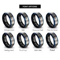 font options for inside engraving on black & blue & grey meditator pose rings
