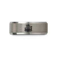 mens tungsten carbide ring – black & grey tungsten longship at sea wedding band