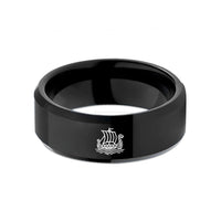 tungsten comfort fit ring – black tungsten longship at sea wedding band