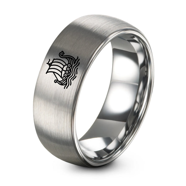 Longship at Sea – Tungsten Wedding Band, 8 mm, Grey Comfort-Fit Unisex