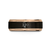 custom mens ring bands – black & rose gold tungsten abuelo heart wedding band