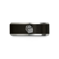 men's engraved ring – black & grey tungsten law books stack wedding band