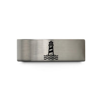 striped tungsten wedding band – blue & grey tungsten striped lighthouse wedding band