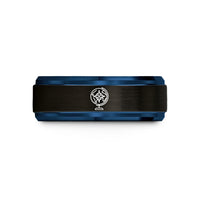 engraved tungsten wedding band – black & blue tungsten southern globe wedding band