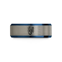 engraved tungsten band – black & blue & grey tungsten scorpio wedding band