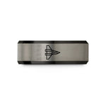 mens wedding band styles – black & blue & silver tungsten starfighter wedding band