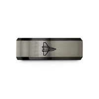 mens wedding band styles – black & blue & silver tungsten starfighter wedding band