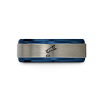 men’s laser engraved ring – blue & grey tungsten searchlight beam moon wedding band