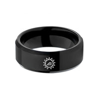 engraved band for couples – black tungsten sun steps wedding band
