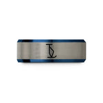 engraved rings for couples – blue & gray tungsten t bar lift wedding band