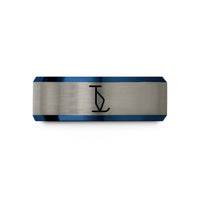engraved rings for couples – blue & gray tungsten t bar lift wedding band