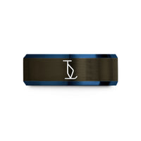 unique birthday ring – gunmetal & blue tungsten t bar lift wedding band
