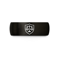 engraved tungsten wedding band – black tungsten legal shield scales wedding band