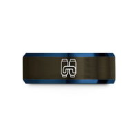 engraved tungsten ring gift – gunmetal & blue tungsten twin cylinders manifold wedding band
