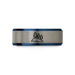 ladies tough wedding ring – blue & gray tungsten snowy hill trees wedding band