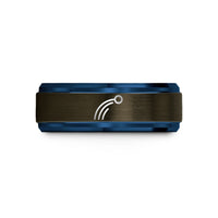 engraved tungsten ring him – gunmetal & blue tungsten projectile trajectory wedding band