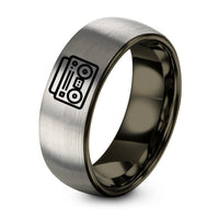 Mens Tungsten Carbide Rings – gunmetal & silver tungsten boombox ring