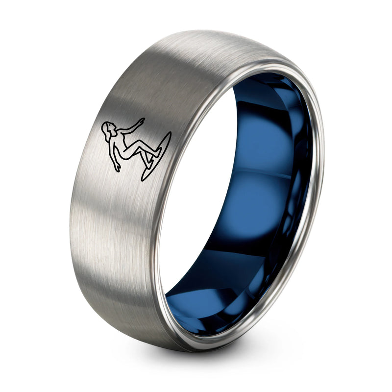 Surfer Silhouette – Tungsten Wedding Band, 8 mm, Blue, Grey Comfort-Fit Unisex