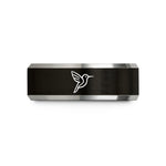 engraved wood wedding band – black & grey tungsten hummingbird wedding band