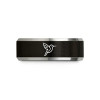 engraved wood wedding band – black & grey tungsten hummingbird wedding band