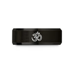 engraved wood wedding ring – black tungsten om symbol wedding band