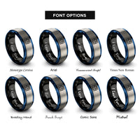font options for inside engraving on black & blue & gray mercator projection rings