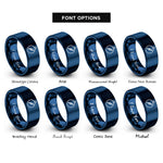 font options for inside engraving on blue minimal compass rings