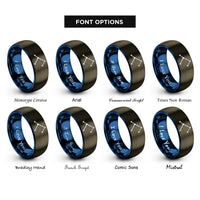 font options for inside engraving on gunmetal & blue minimal constellation lines rings