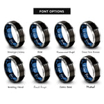 font options for inside engraving on black & blue & grey minimal lighthouse beam rings