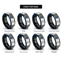 font options for inside engraving on black & blue & grey minimal lighthouse beam rings