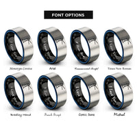 font options for inside engraving on black & blue & gray minimal lighthouse beam rings