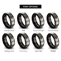 font options for inside engraving on black & grey minimal mandala rings