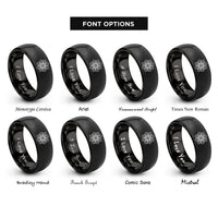 font options for inside engraving on black minimal mandala rings