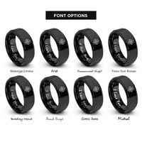 font options for inside engraving on black minimalist compass rose rings