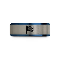 simple bands for couples – black & blue & grey tungsten checkered flag wedding band