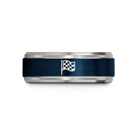 tungsten bands for her – blue & silver tungsten checkered flag wedding band