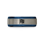 slim wedding bands men – blue & silver tungsten checkered flag wedding band