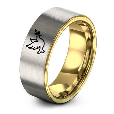 Peace Doves – Tungsten Wedding Band, 8 mm, Grey, Gold Comfort-Fit Unisex