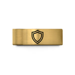 best keepsakes for her – gold tungsten shield crest wedding band