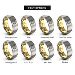 font options for inside engraving on gold & gray monstera leaf rings