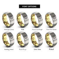 font options for inside engraving on gold & gray monstera leaf rings