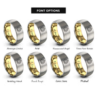 font options for inside engraving on gold & gray monstera leaf rings
